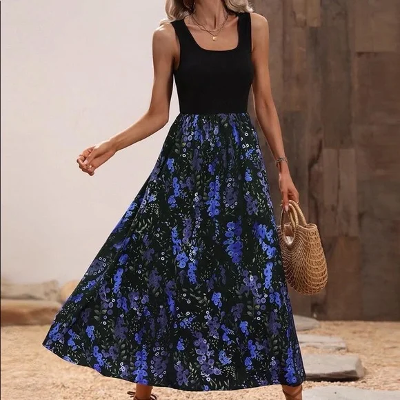 🖤 BOHO BLACK BLUE FLORAL MAXI DRESS! - Picture 5 of 5